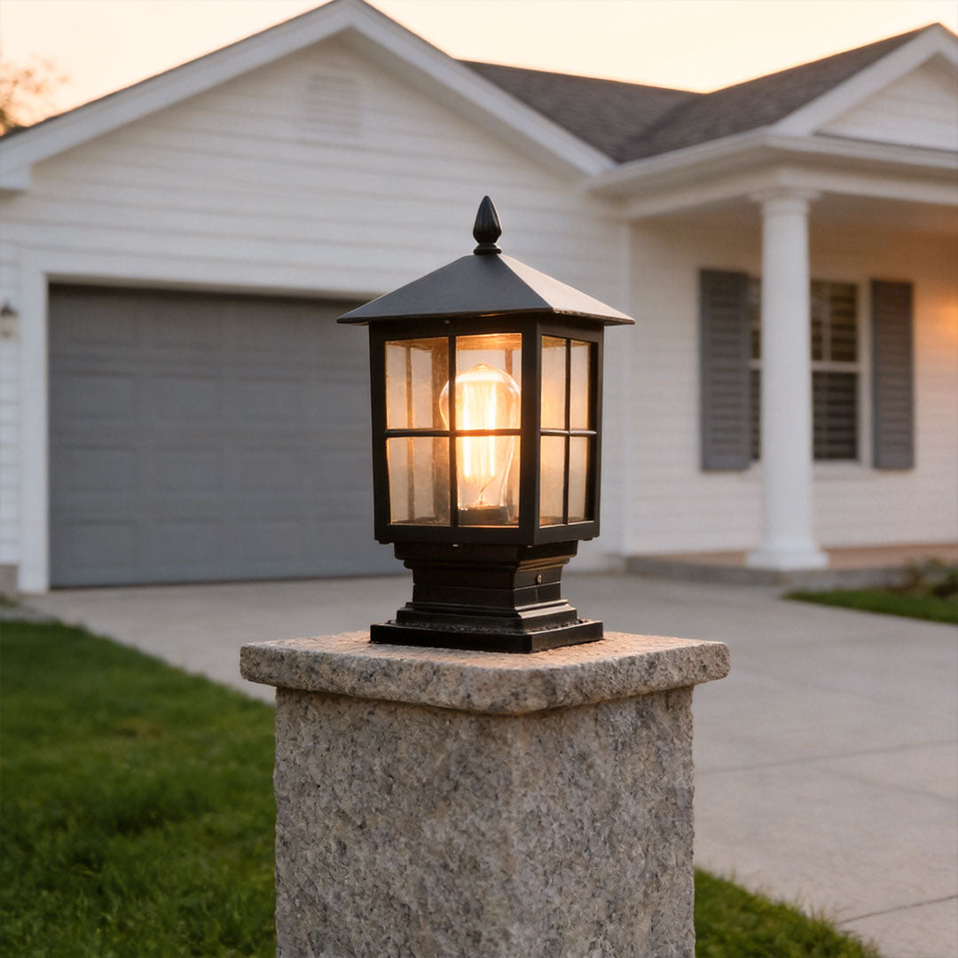 Outdoor Post Mounted Lamp - Lantern Pillar Light with Exposed Bulb