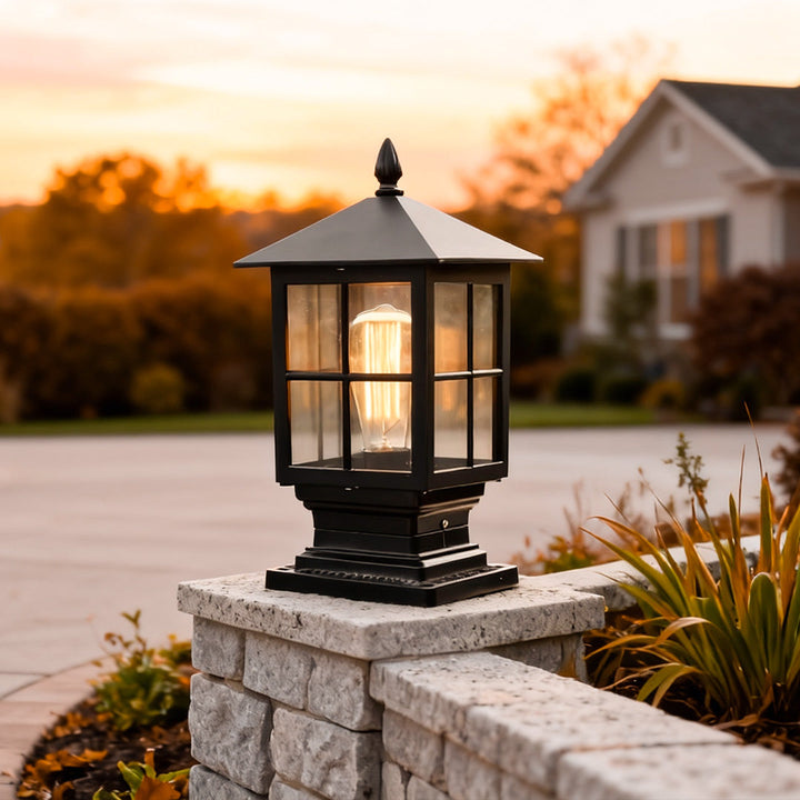 Outdoor Post Mounted Lamp - Lantern Pillar Light with Exposed Bulb