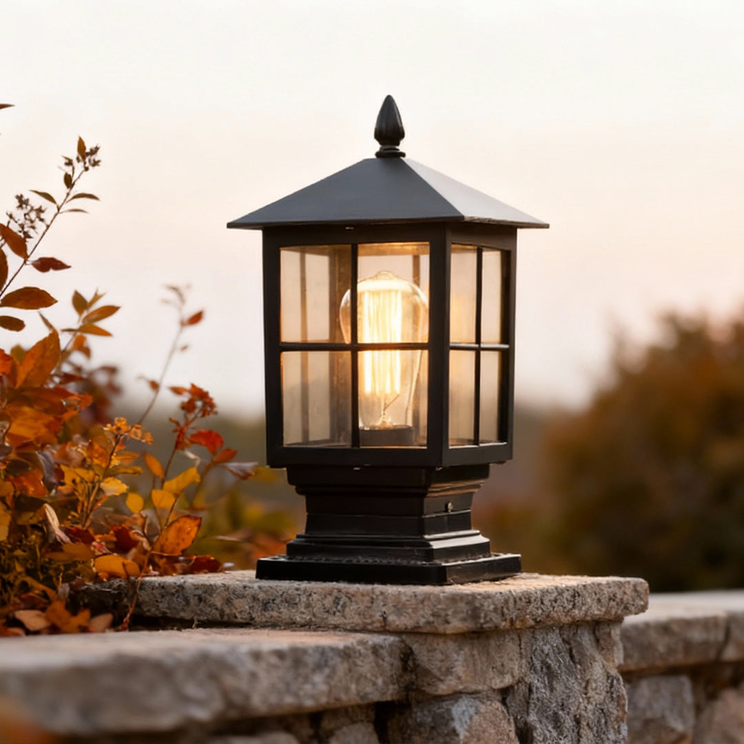 Outdoor Post Mounted Lamp - Lantern Pillar Light with Exposed Bulb
