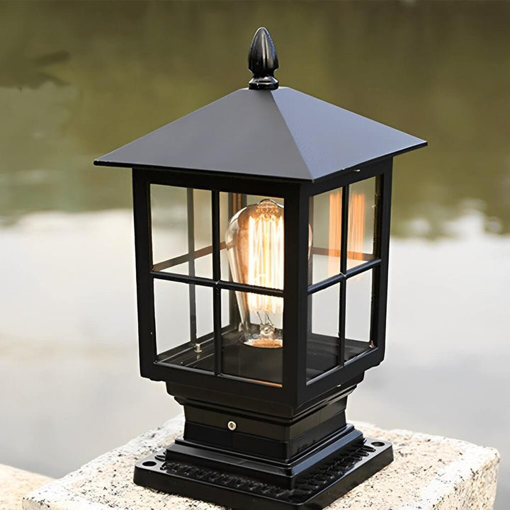 Outdoor Post Mounted Lamp - Lantern Pillar Light with Exposed Bulb