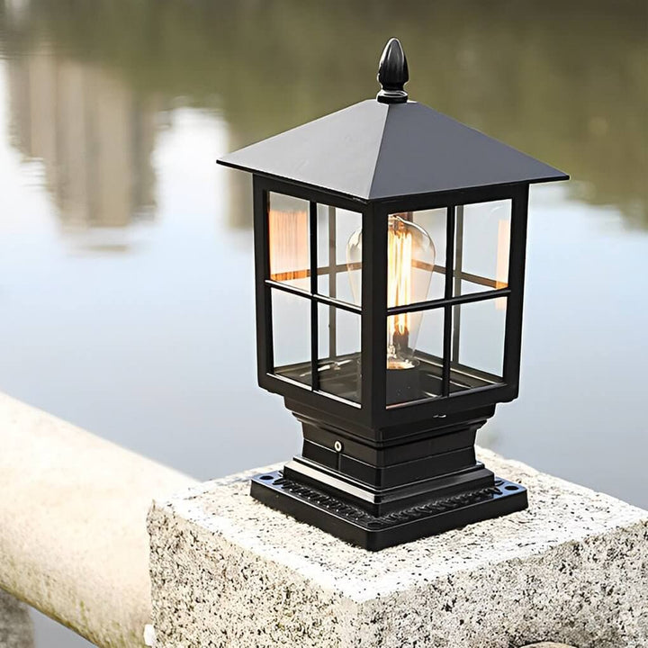 Outdoor Post Mounted Lamp - Lantern Pillar Light with Exposed Bulb