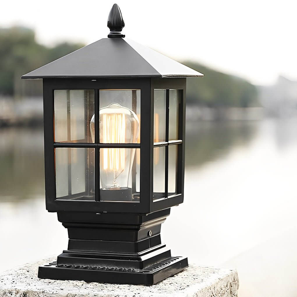 Outdoor Post Mounted Lamp - Lantern Pillar Light with Exposed Bulb