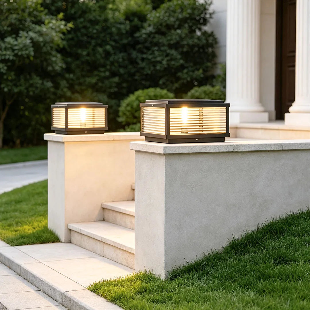 Outdoor Post Mounted Lamp - Square Ribbed Pillar Light