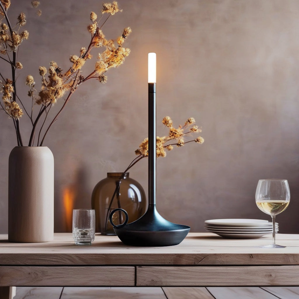 Portable Table Lamp - Candlestick Base with Tube Shade