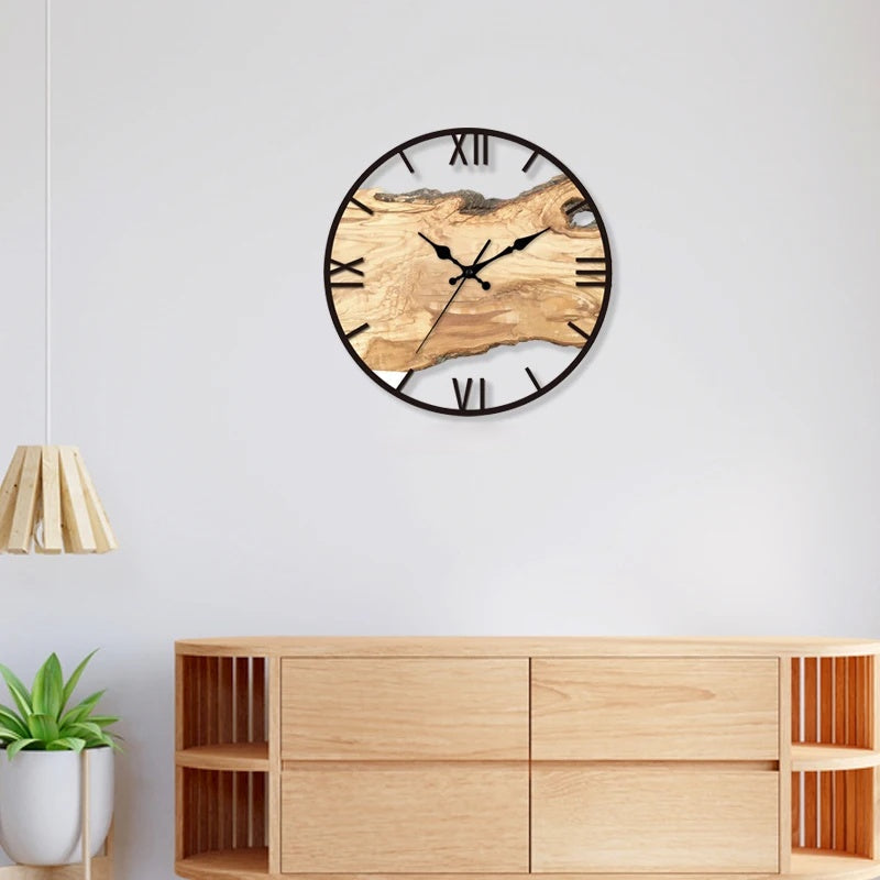 Round Wall Clock - Live Edge Wood and Metal Frame