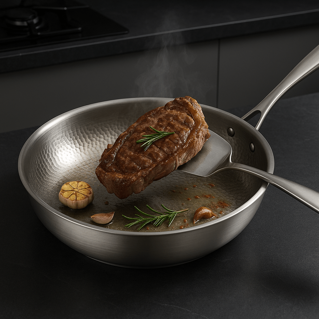 Stainless Steel Frying Pan Hammered Interior Deep Skillet