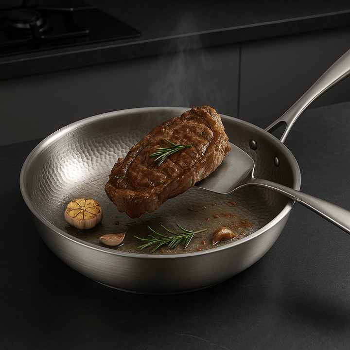 Stainless Steel Frying Pan Hammered Interior Deep Skillet