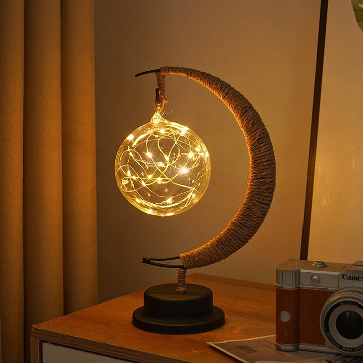 Table Lamp - Suspended Globe with Rope Wrapped Crescent Stand