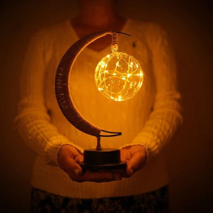 Table Lamp - Suspended Globe with Rope Wrapped Crescent Stand