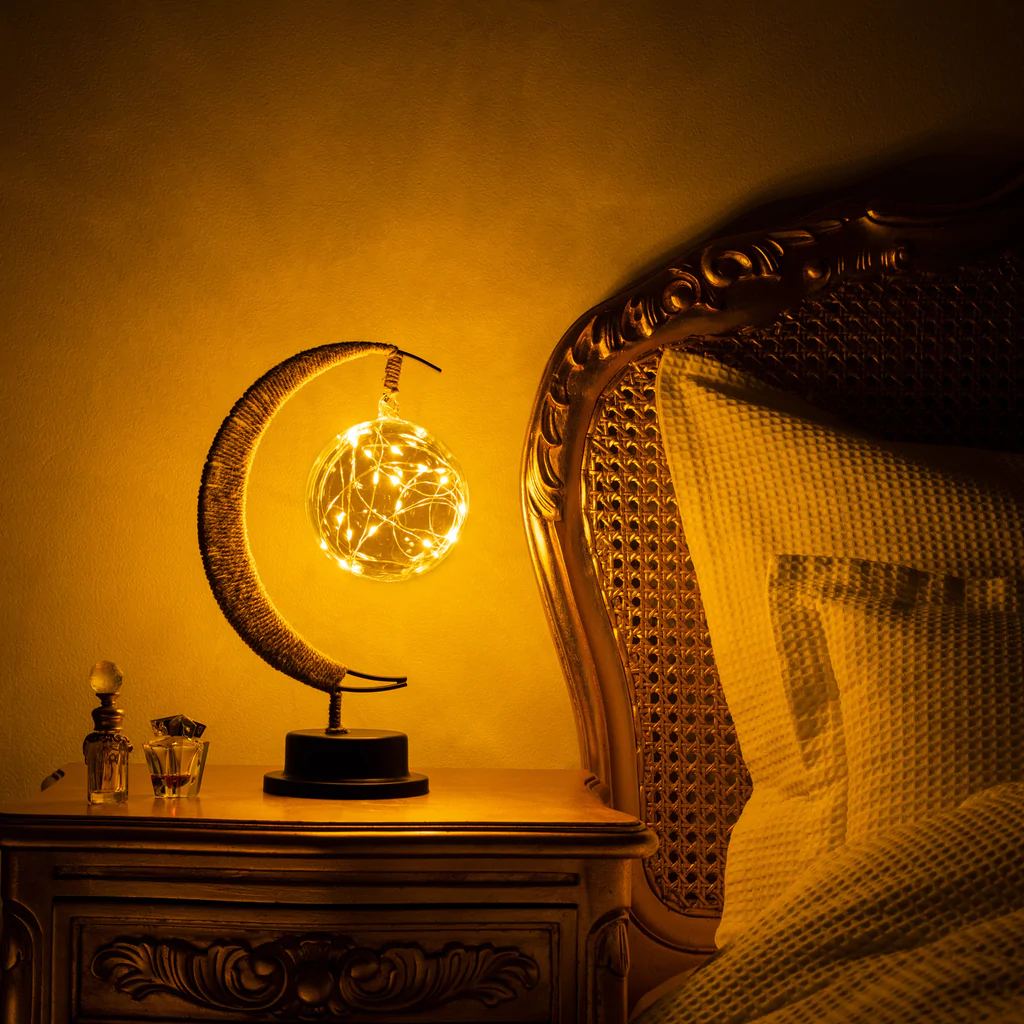 Table Lamp - Suspended Globe with Rope Wrapped Crescent Stand