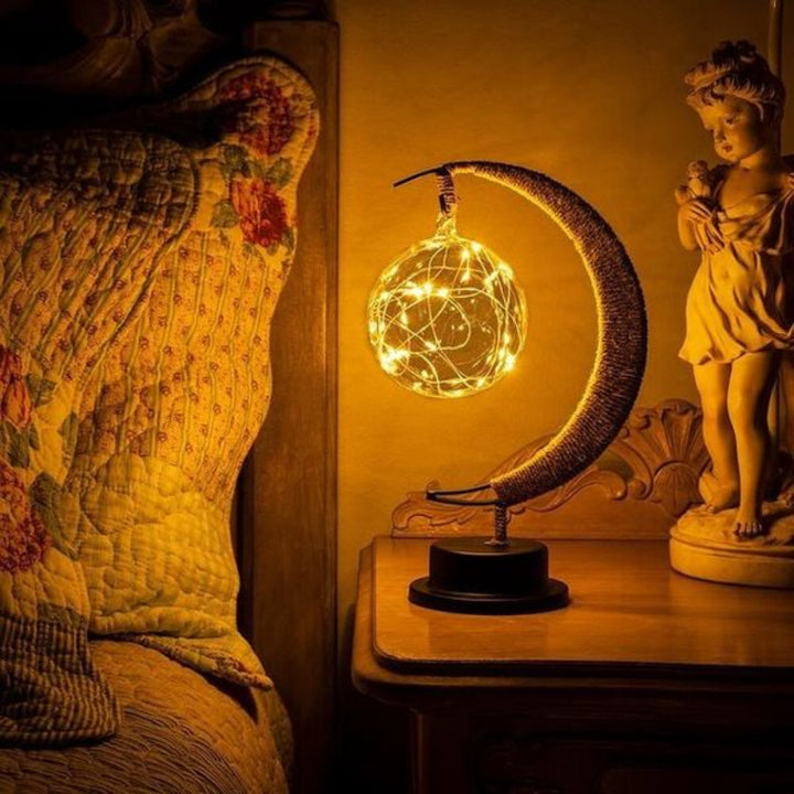 Table Lamp - Suspended Globe with Rope Wrapped Crescent Stand