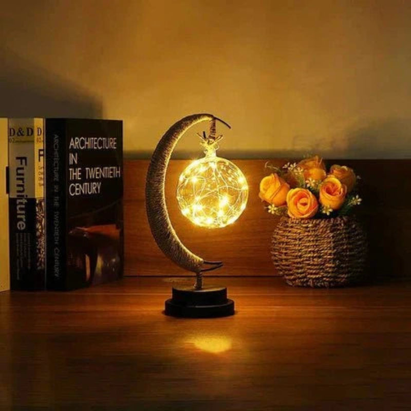 Table Lamp - Suspended Globe with Rope Wrapped Crescent Stand