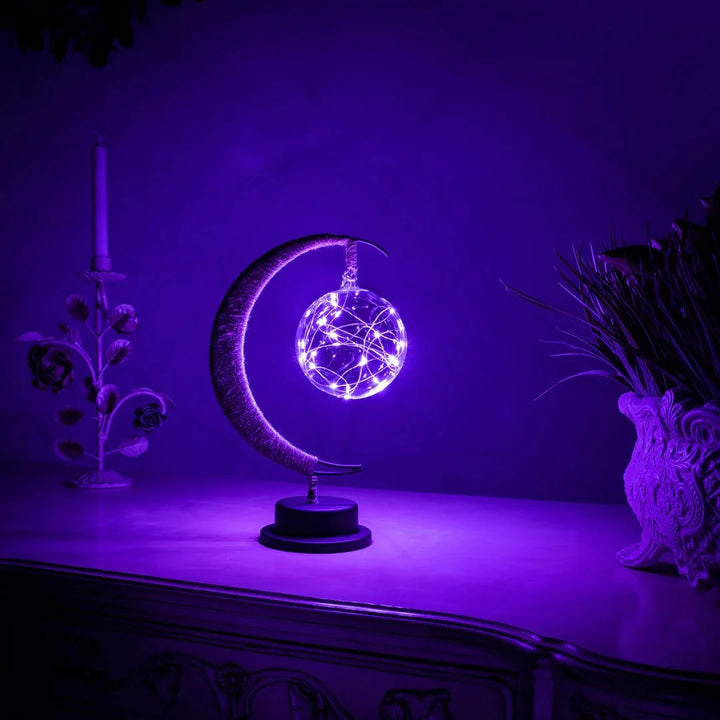 Table Lamp - Suspended Globe with Rope Wrapped Crescent Stand