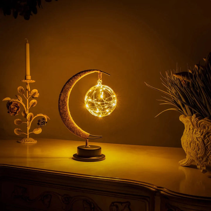 Table Lamp - Suspended Globe with Rope Wrapped Crescent Stand