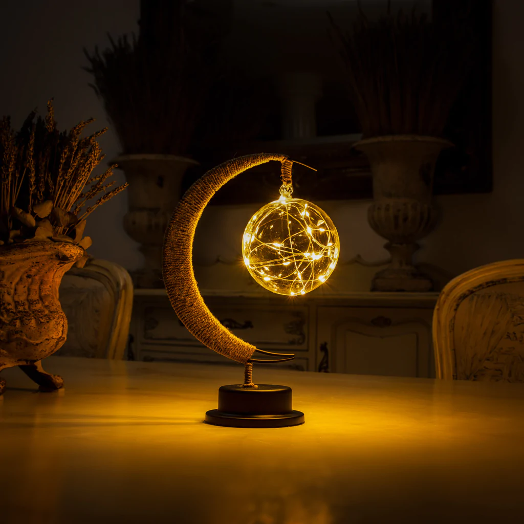 Table Lamp - Suspended Globe with Rope Wrapped Crescent Stand