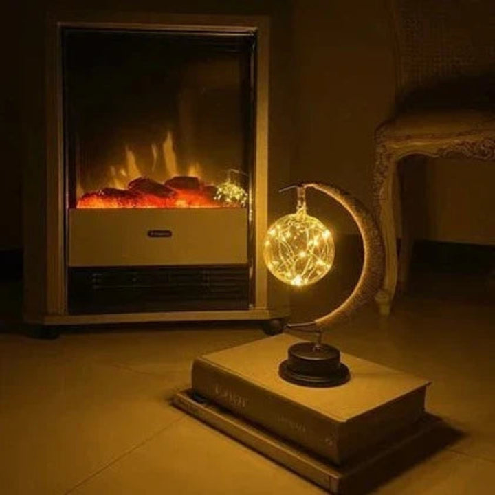 Table Lamp - Suspended Globe with Rope Wrapped Crescent Stand
