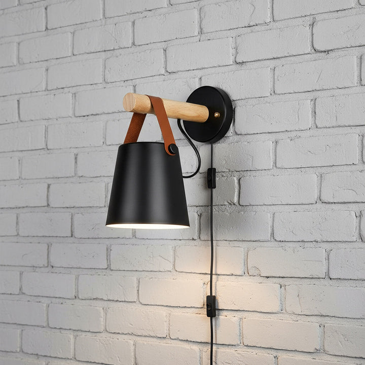 Wall Mounted Sconce Lamp - Hanging Shade on Strap and Bar