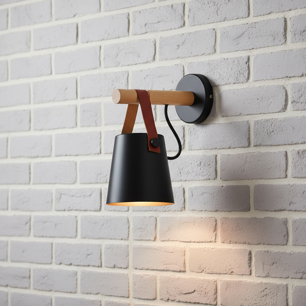 Wall Mounted Sconce Lamp - Hanging Shade on Strap and Bar