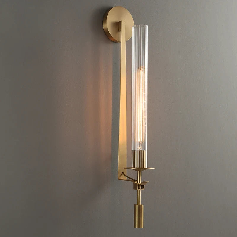 Wall Mounted Sconce Lamp - Ribbed Tube Shade on Curved Arm