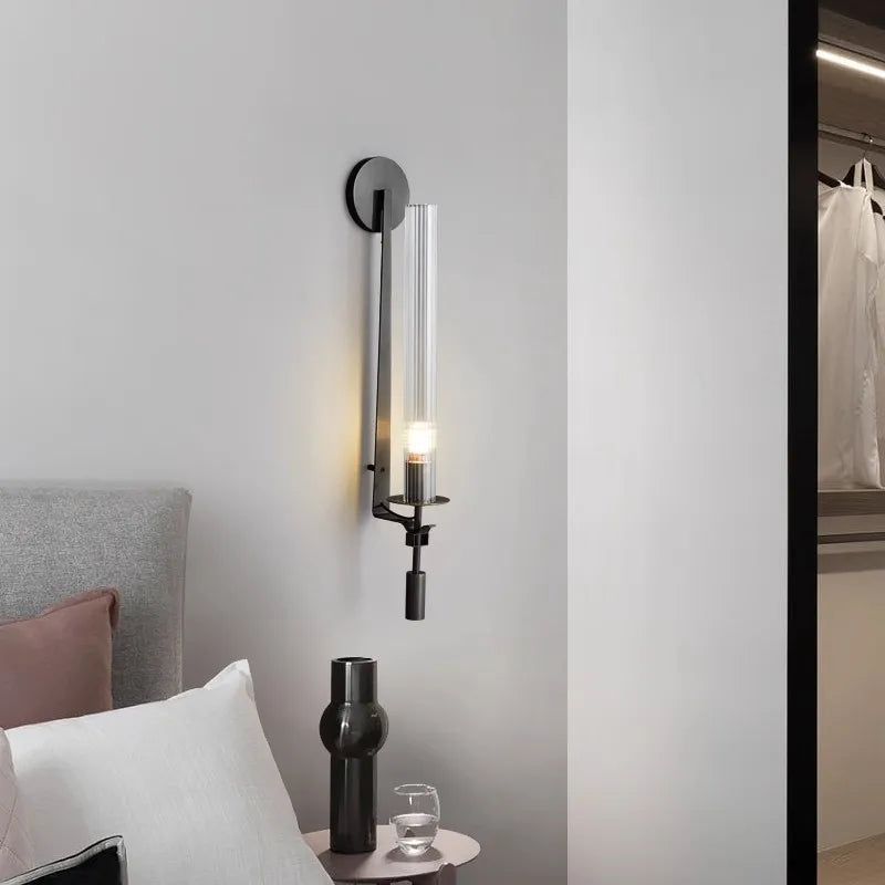 Wall Mounted Sconce Lamp - Ribbed Tube Shade on Curved Arm