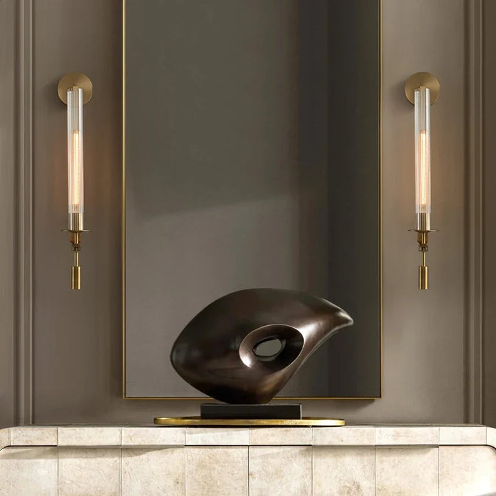 Wall Mounted Sconce Lamp - Ribbed Tube Shade on Curved Arm