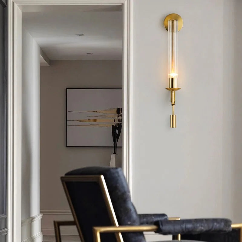 Wall Mounted Sconce Lamp - Ribbed Tube Shade on Curved Arm