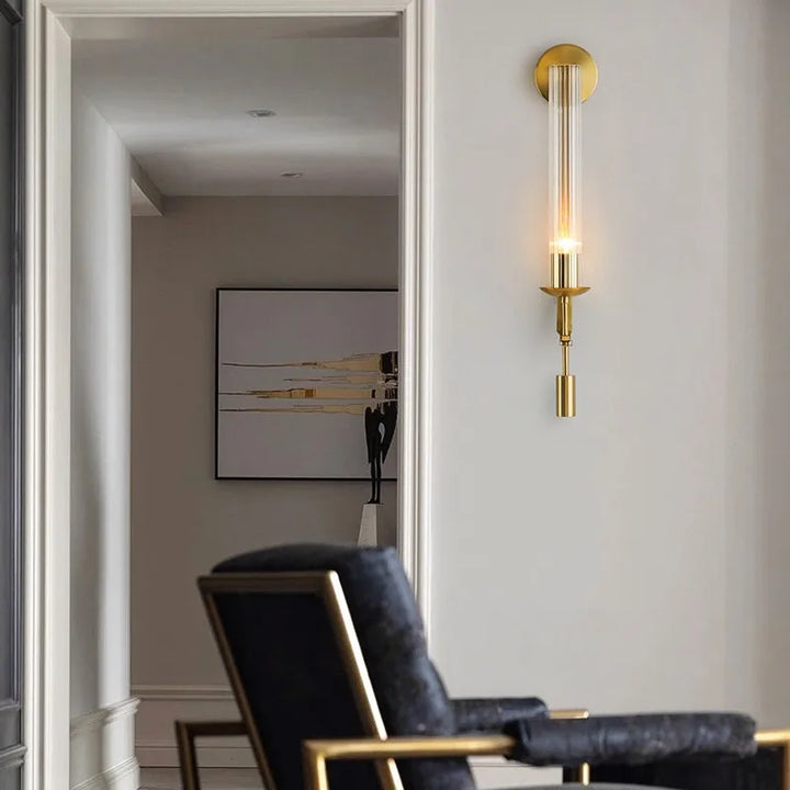 Wall Mounted Sconce Lamp - Ribbed Tube Shade on Curved Arm
