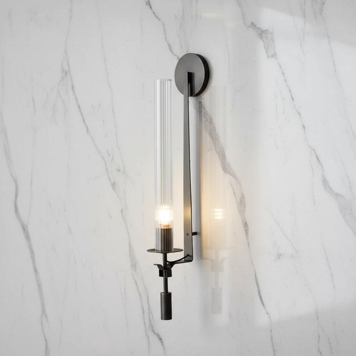 Wall Mounted Sconce Lamp - Ribbed Tube Shade on Curved Arm