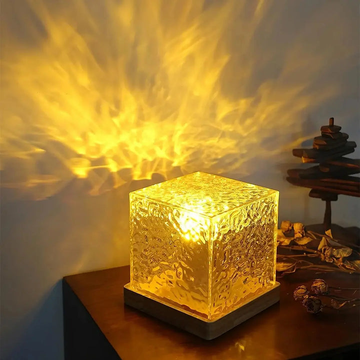 Water Ripple Projector Lamp - Cube Table Light with Textured Shade