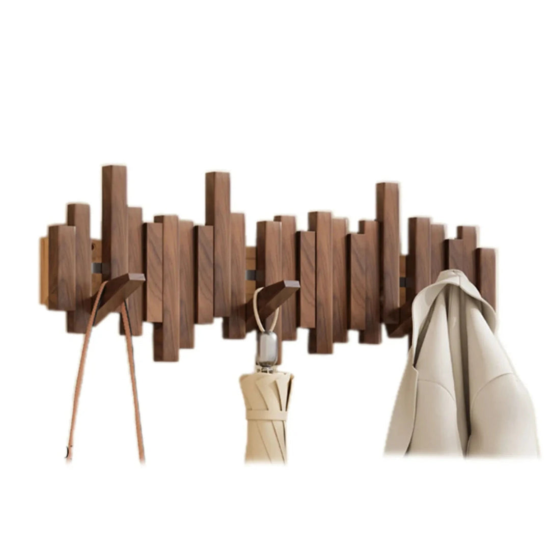 Wooden Wall Coat Rack Foldable Hooks with Staggered Slat Design