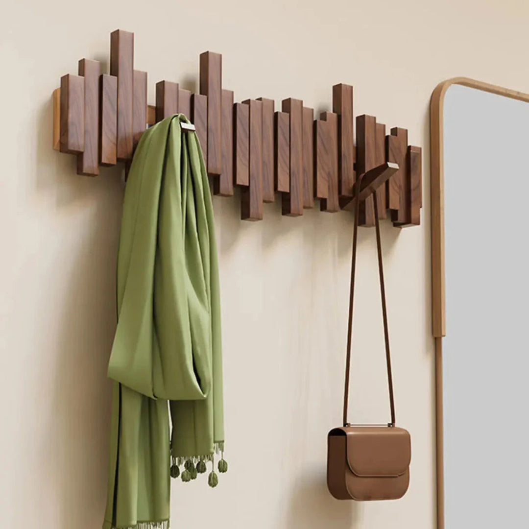 Wooden Wall Coat Rack Foldable Hooks with Staggered Slat Design