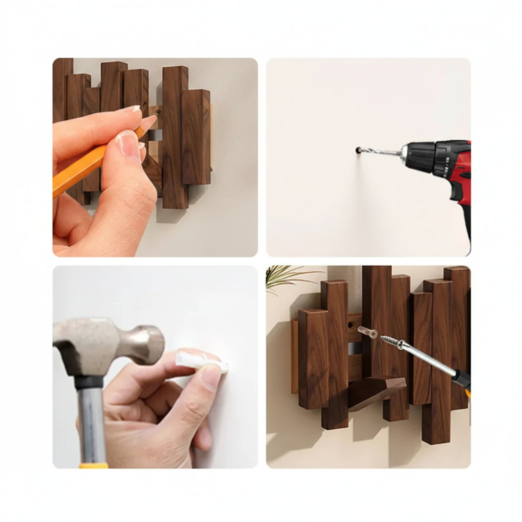 Wooden Wall Coat Rack Foldable Hooks with Staggered Slat Design