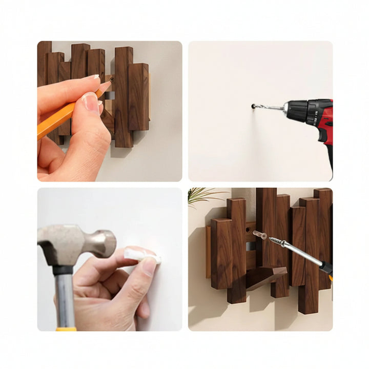 Wooden Wall Coat Rack Foldable Hooks with Staggered Slat Design