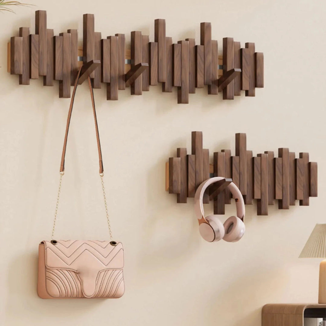 Wooden Wall Coat Rack Foldable Hooks with Staggered Slat Design