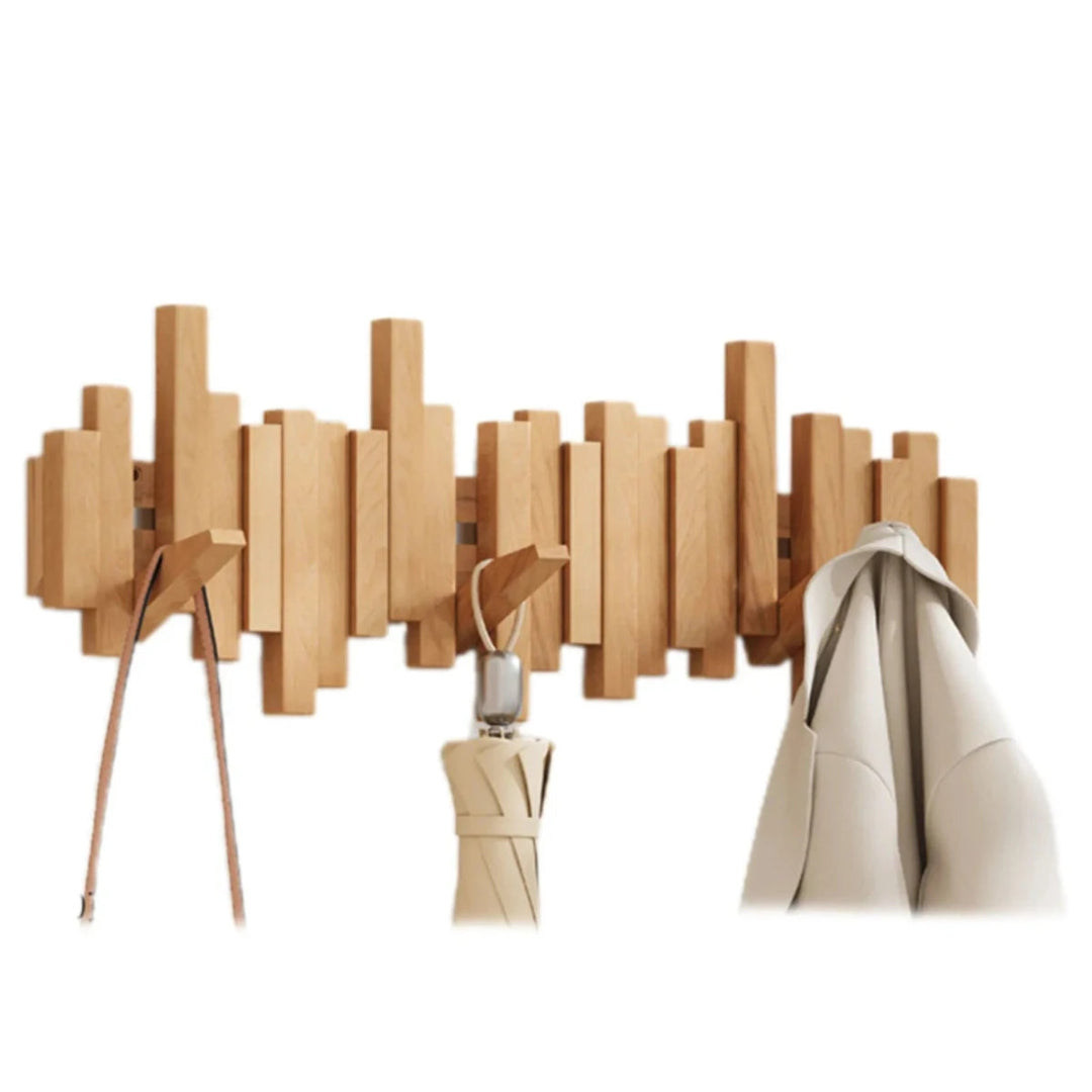 Wooden Wall Coat Rack Foldable Hooks with Staggered Slat Design