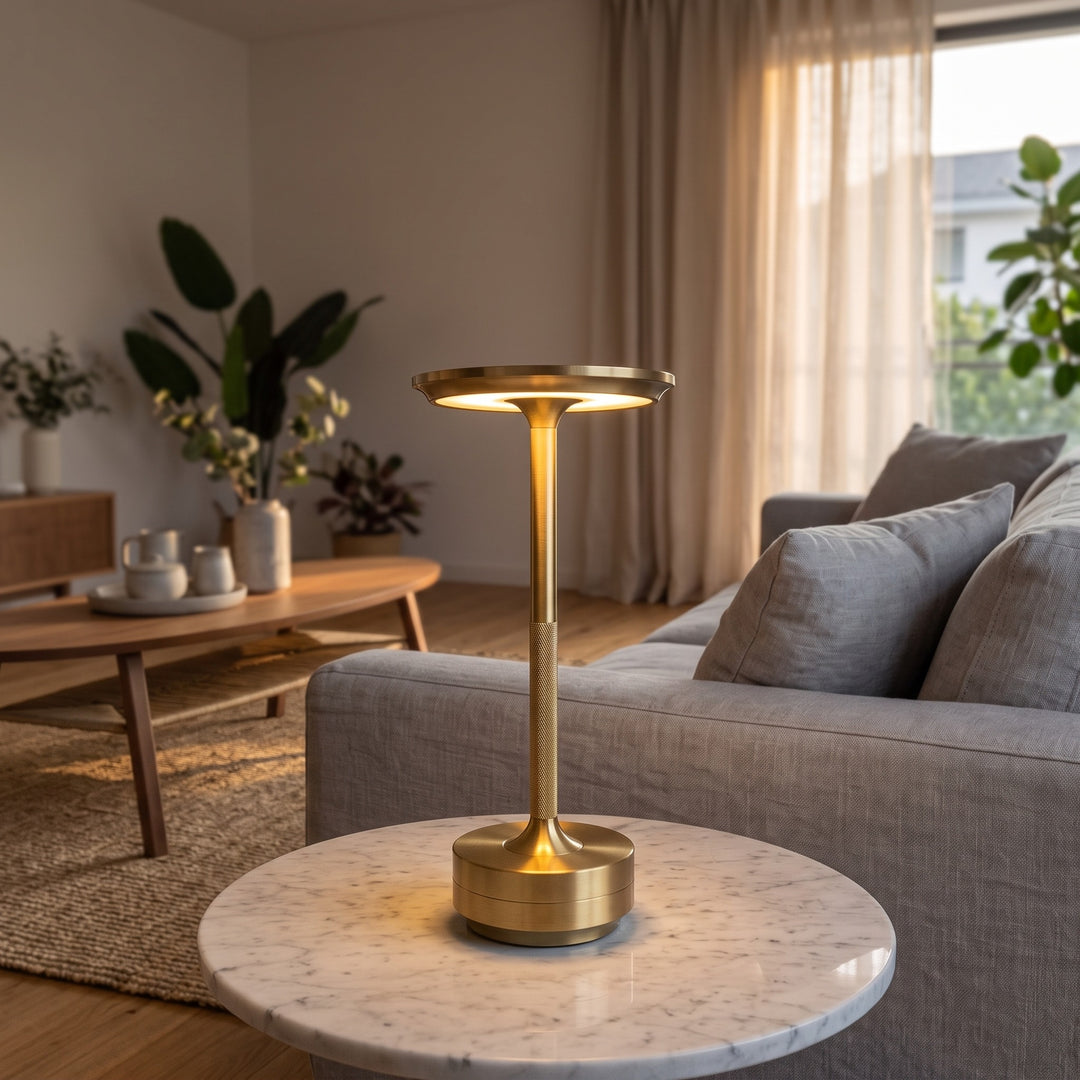 Aluminium Cordless Table Lamp styled in a home interior