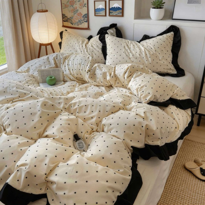Bedding Set - Polka Dot Print with Ruffle Edging