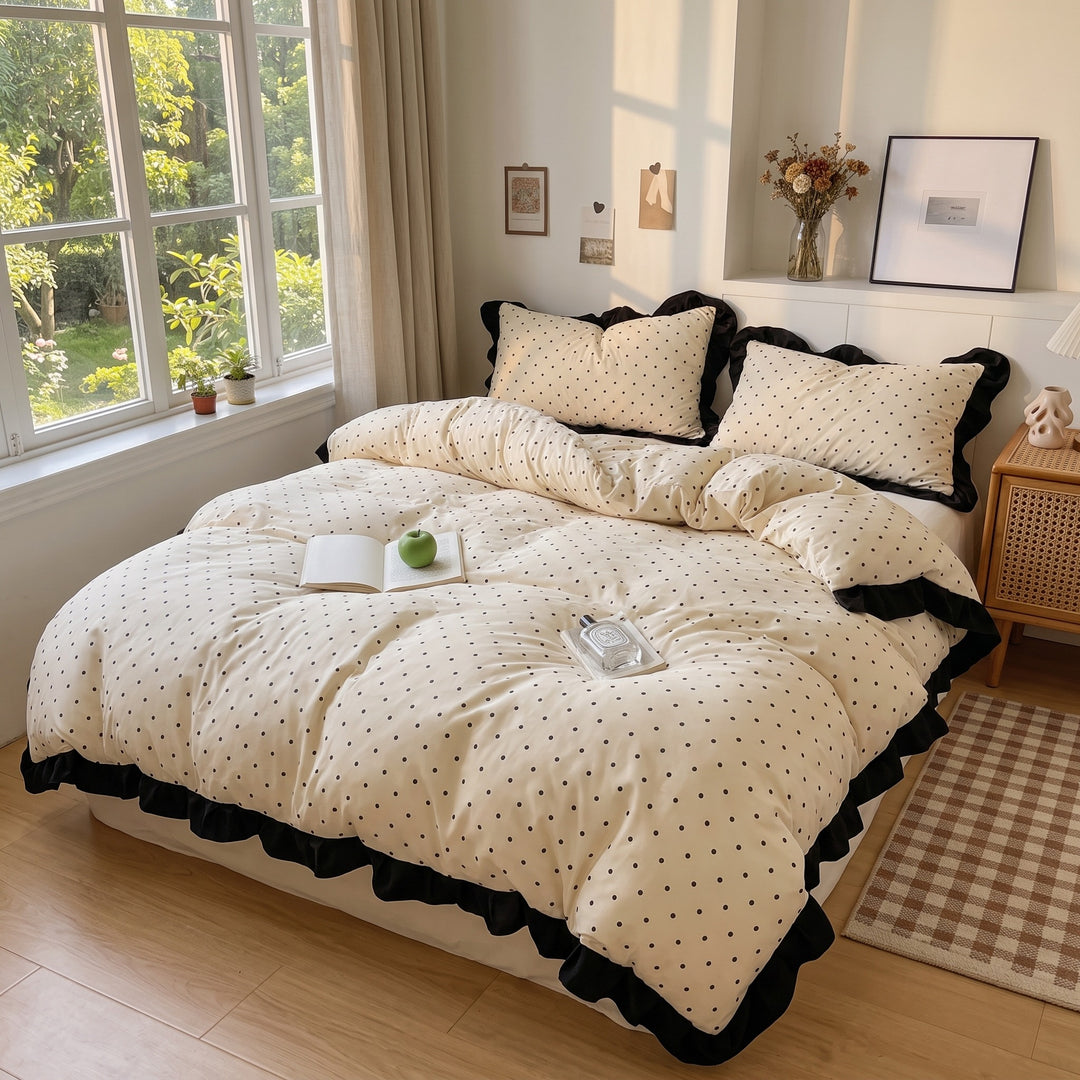 Bedding Set - Polka Dot Print with Ruffle Edging