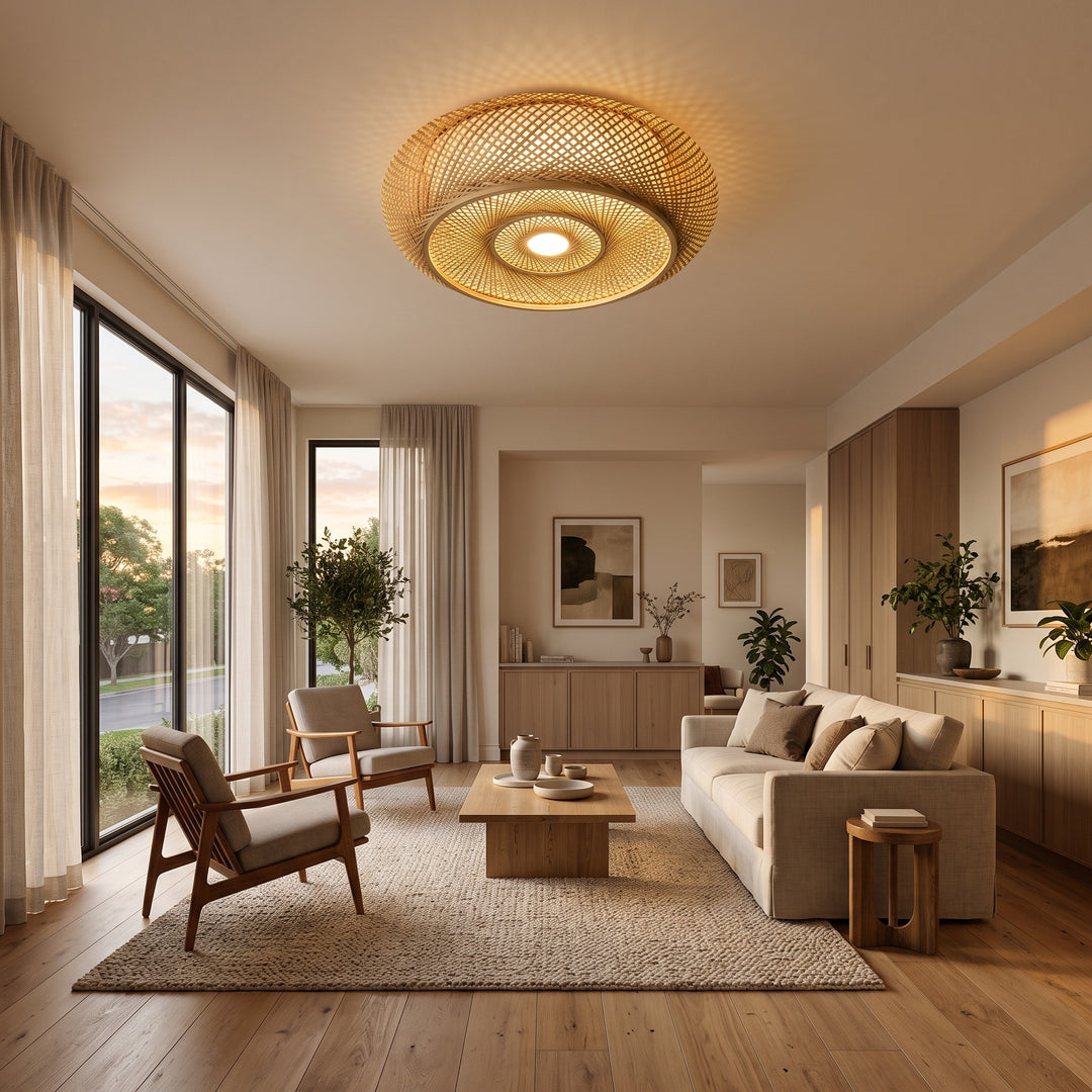 Ceiling Lamp Round Flush Mount Dome - Woven Rattan Shade