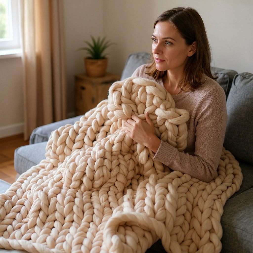 Chunky Knit Merino Wool Throw | Cosy Decorative Knitted Blanket