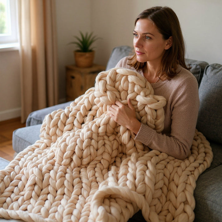 Chunky Knit Merino Wool Throw | Cosy Decorative Knitted Blanket