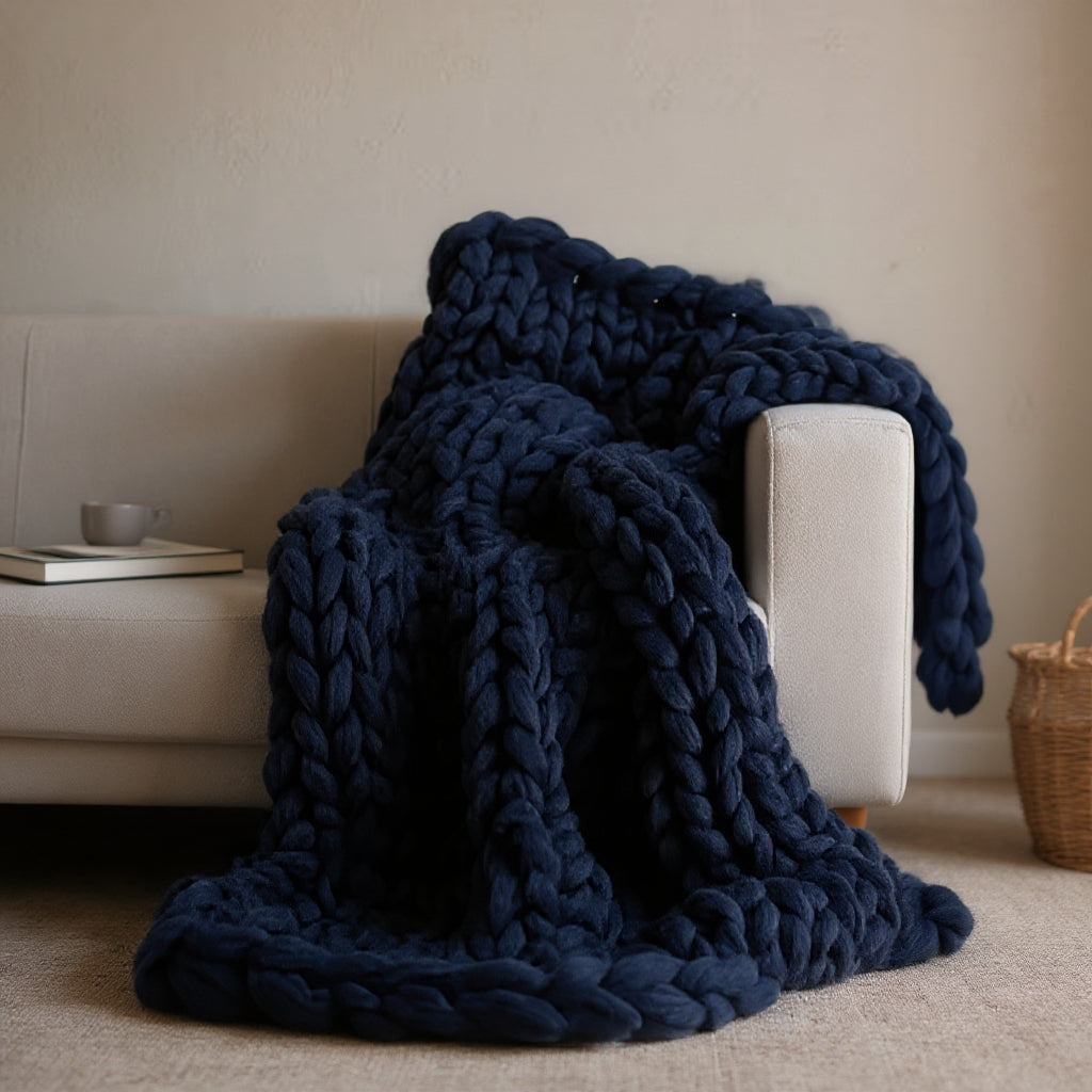 Chunky Knit Merino Wool Throw | Cosy Decorative Knitted Blanket