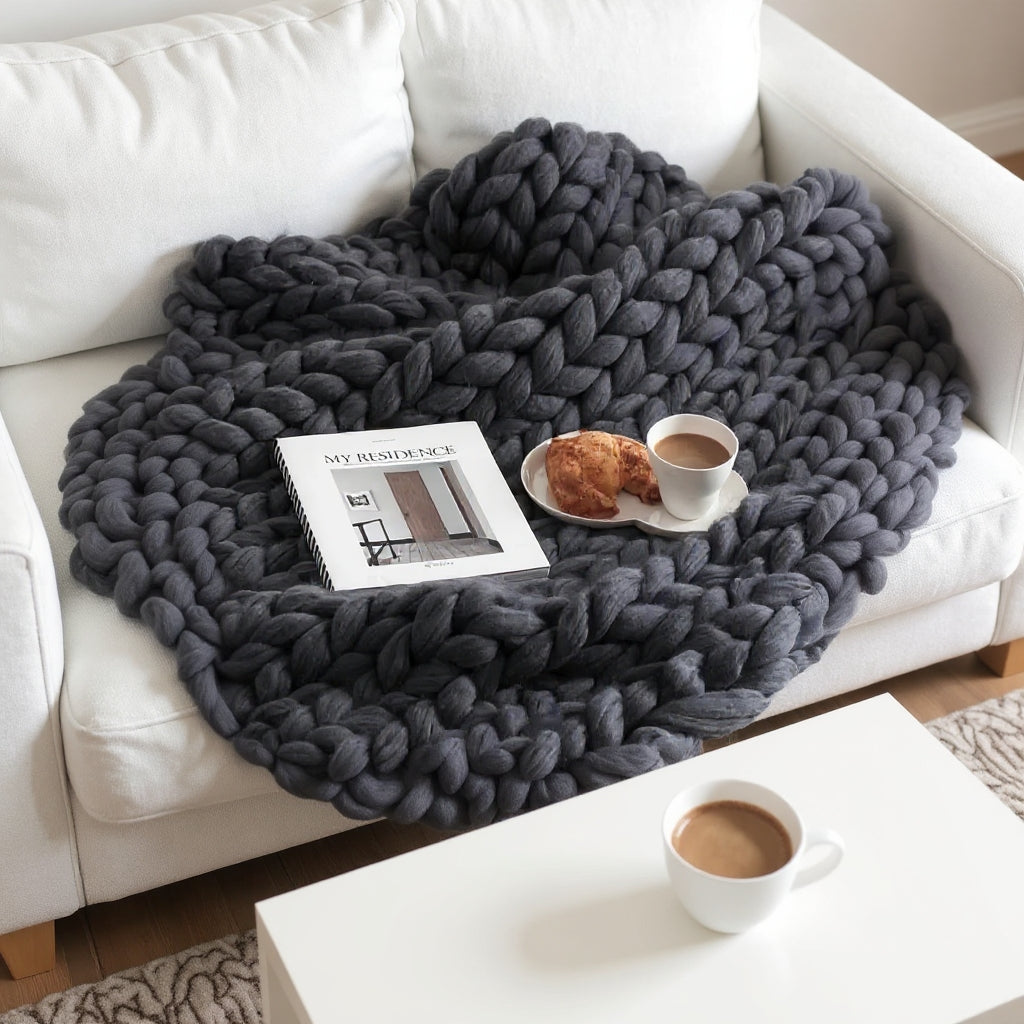 Chunky Knit Merino Wool Throw | Cosy Decorative Knitted Blanket