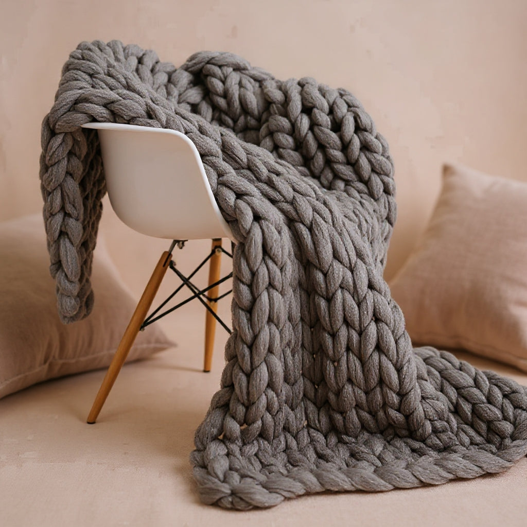 Chunky Knit Merino Wool Throw | Cosy Decorative Knitted Blanket