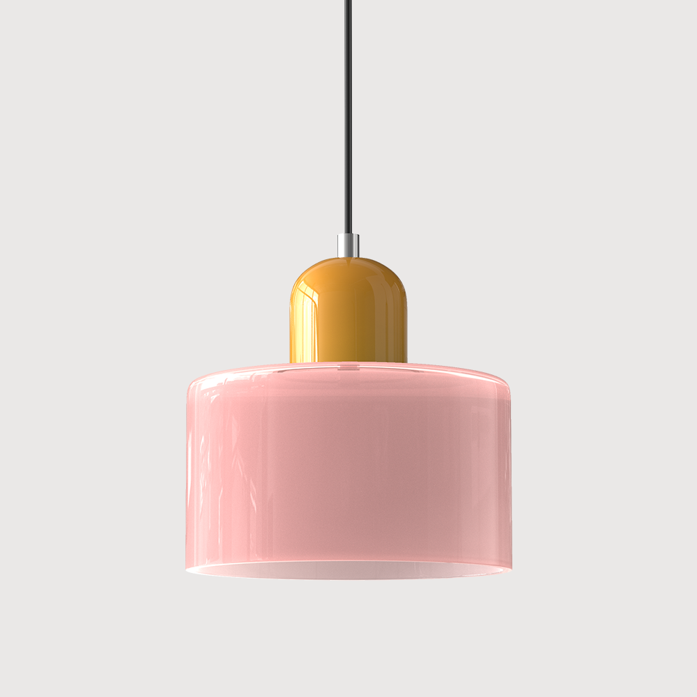 Coloured Glass Bauhaus Pendant Light – Glass Colour: Pink, Cap Colour: Yellow
