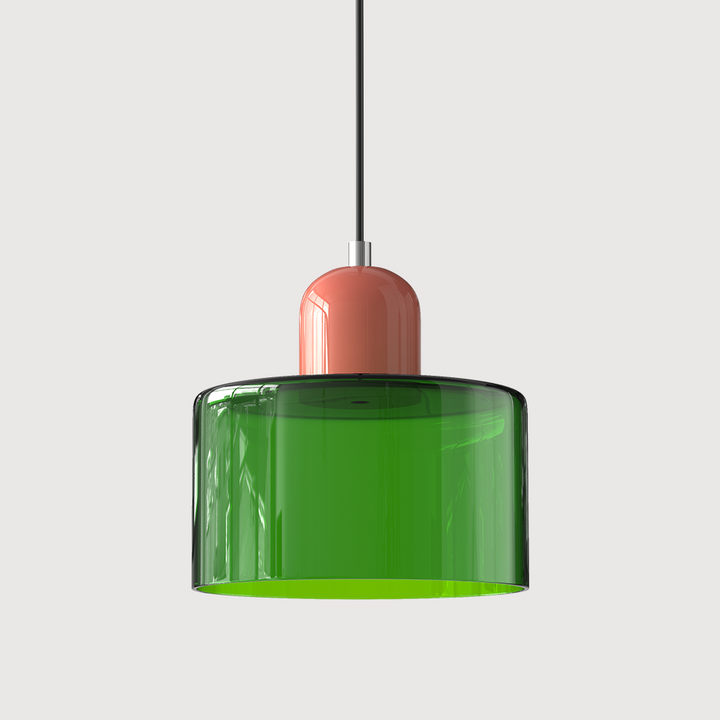Coloured Glass Bauhaus Pendant Light – Glass Colour: Green, Cap Colour: Pink