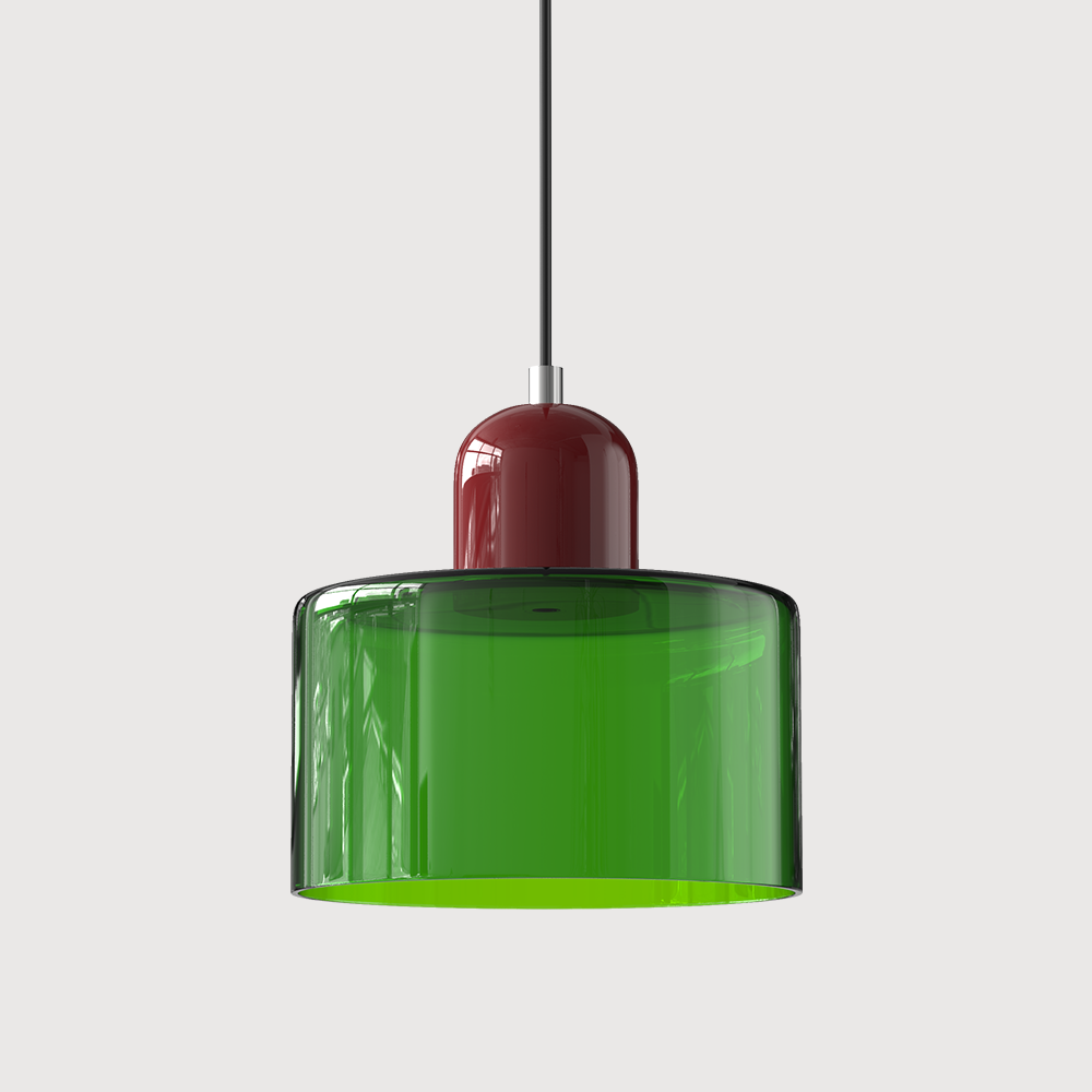 Coloured Glass Bauhaus Pendant Light – Glass Colour: Green, Cap Colour: Red