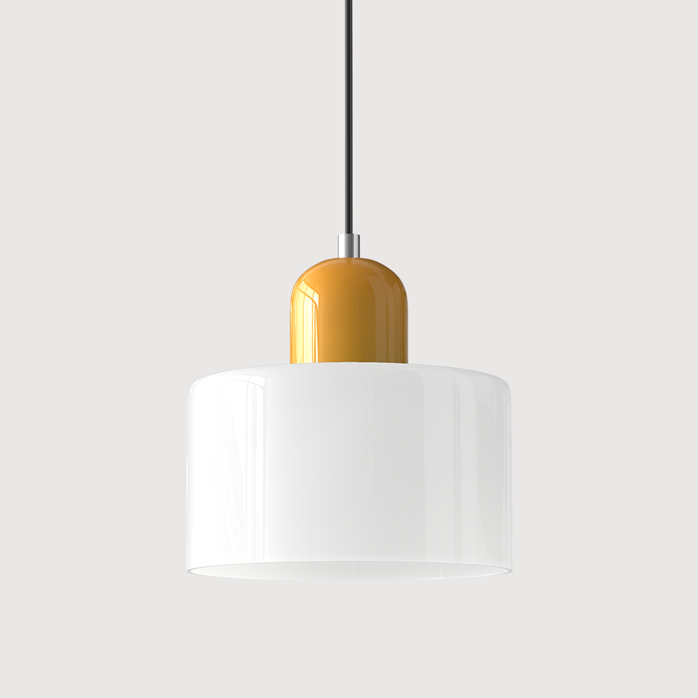 Coloured Glass Bauhaus Pendant Light – Glass Colour: White, Cap Colour: Yellow