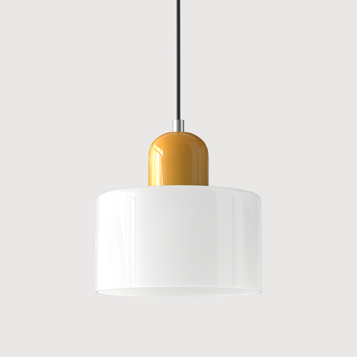 Coloured Glass Bauhaus Pendant Light – Glass Colour: White, Cap Colour: Yellow