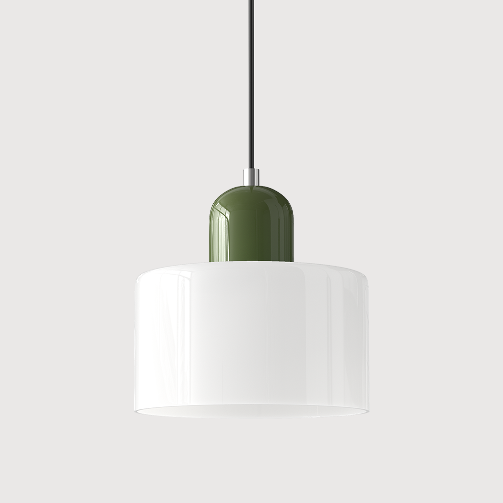 Coloured Glass Bauhaus Pendant Light – Glass Colour: White, Cap Colour: Green